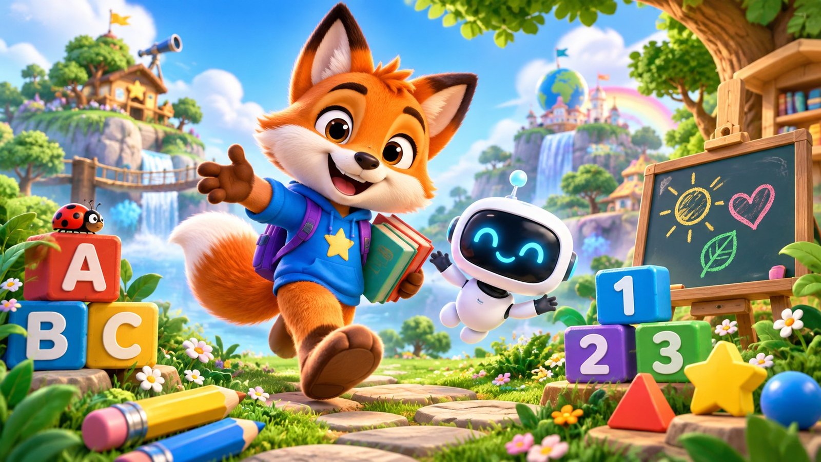 Blinkcade K1 learning world with a friendly fox guide