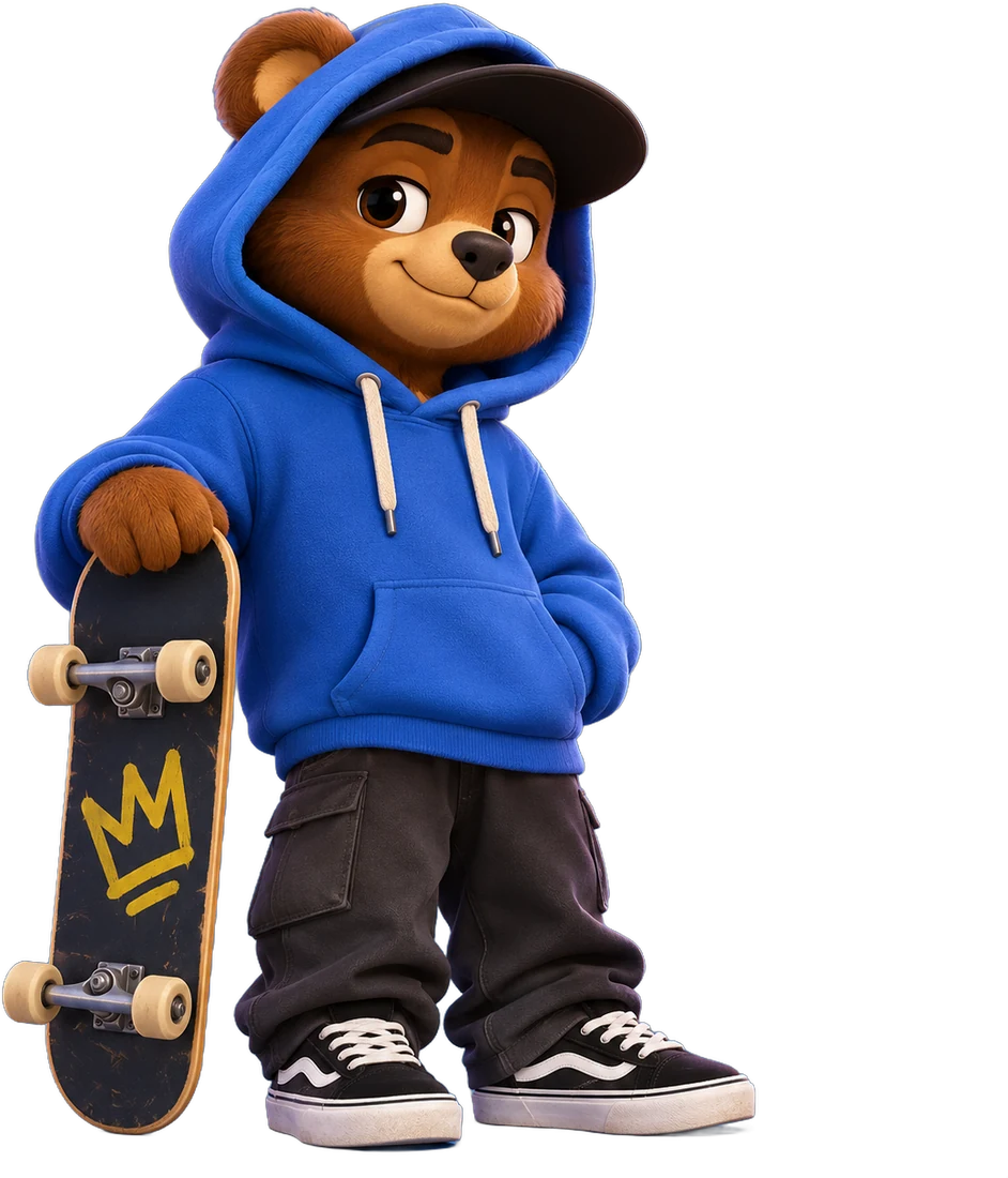 The Shredquake skater bear in a blue hoodie and cap, leaning on his crown-deck skateboard