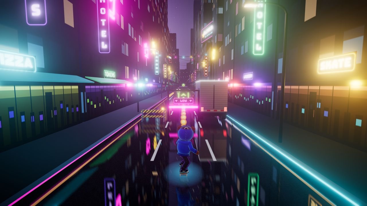 The bear skates toward a yellow barrier, a magenta LOW gantry and a parked box truck, one in each lane