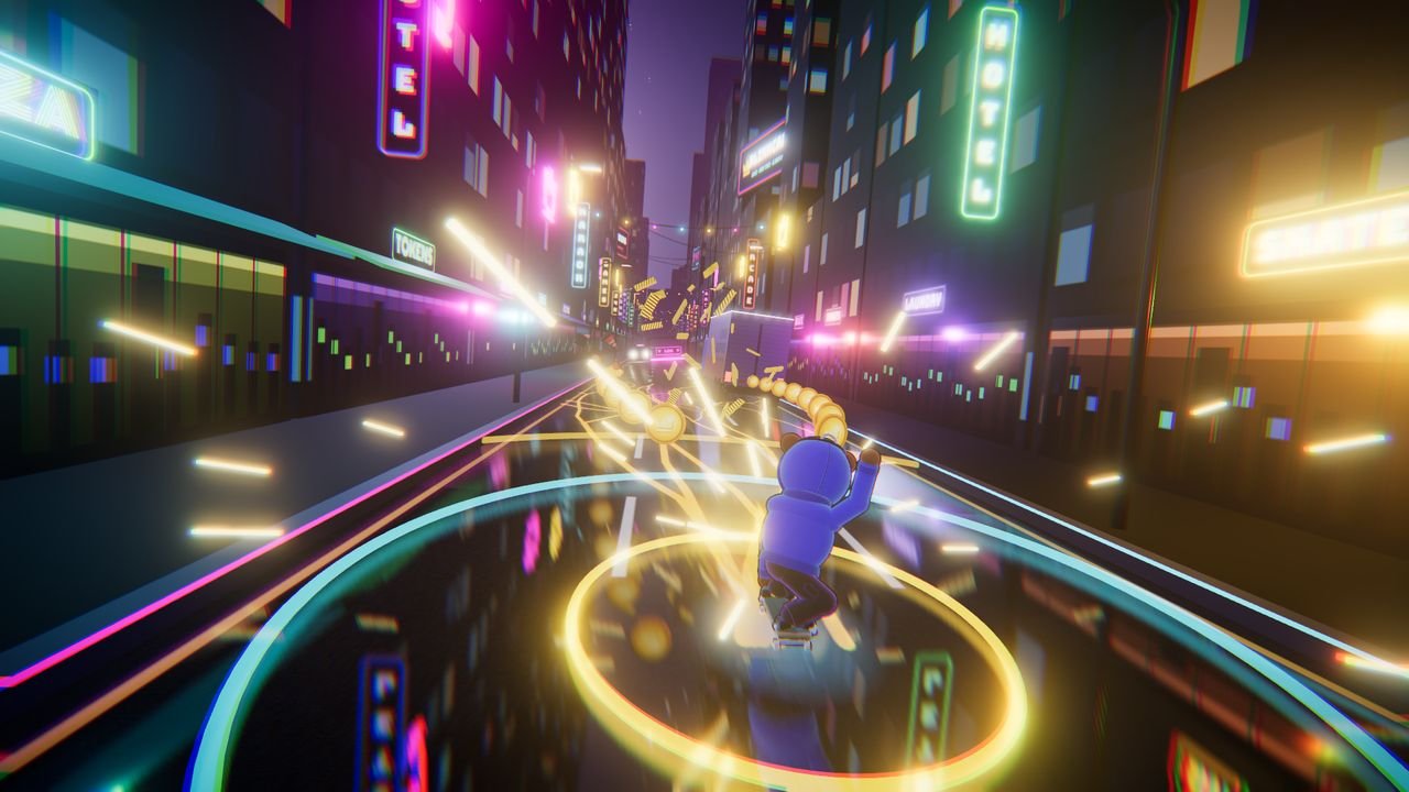 A golden shockwave ring bursts from the bear’s board as the street cracks