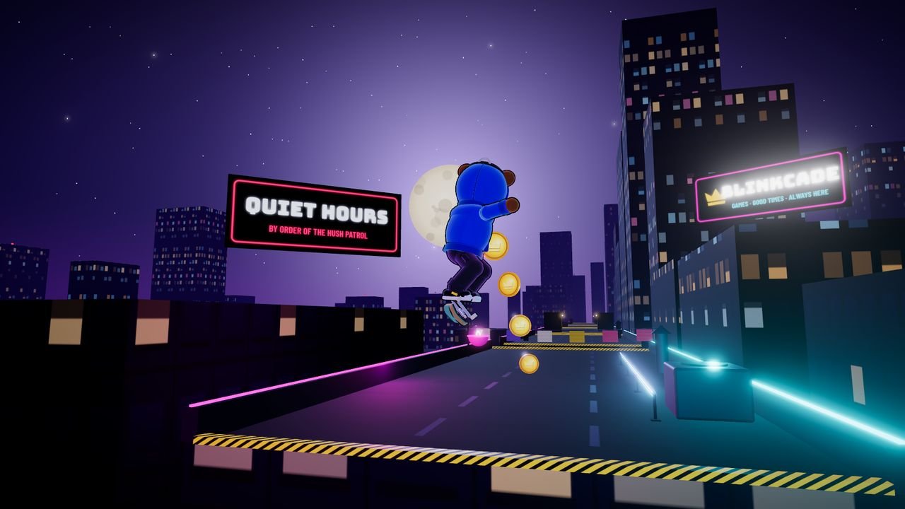 The bear mid-kickflip in front of a giant moon and a Quiet Hours billboard