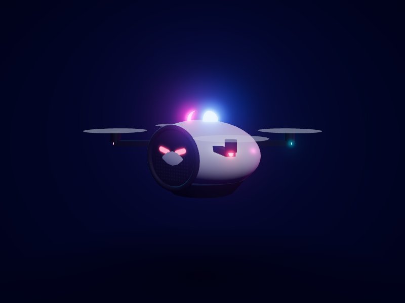 A Hush Patrol drone with a speaker-grille face and a flashing siren