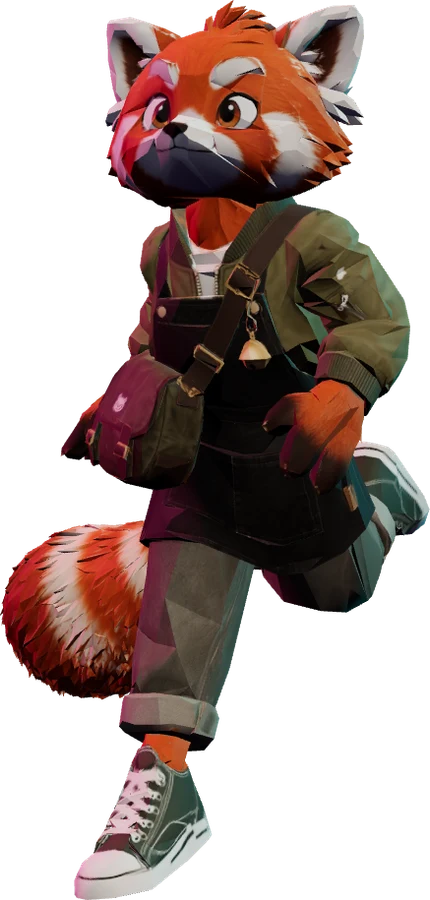Ember, a red panda in a green jacket with a satchel
