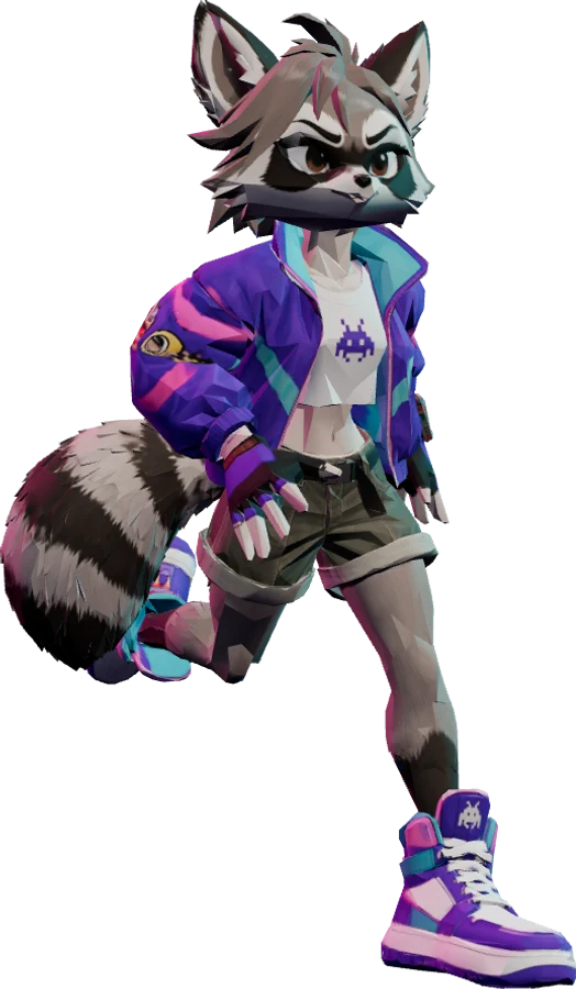 Pixel, a raccoon in a purple arcade jacket