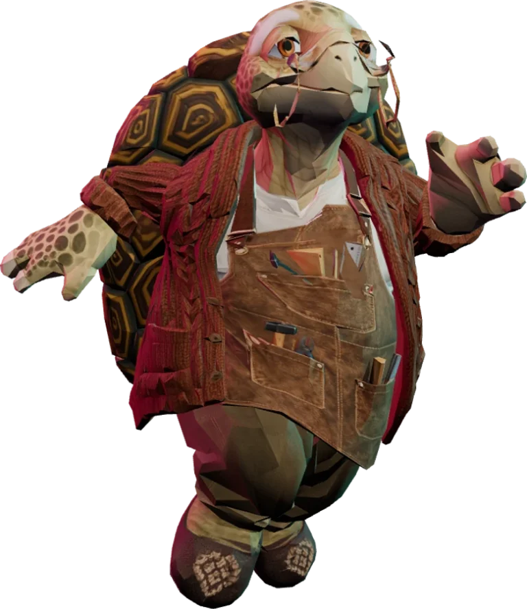 Tolly, an old tortoise in a leather work apron