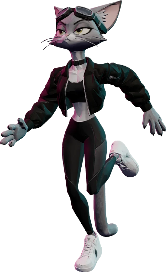 Vega, a grey cat in a black jacket with goggles